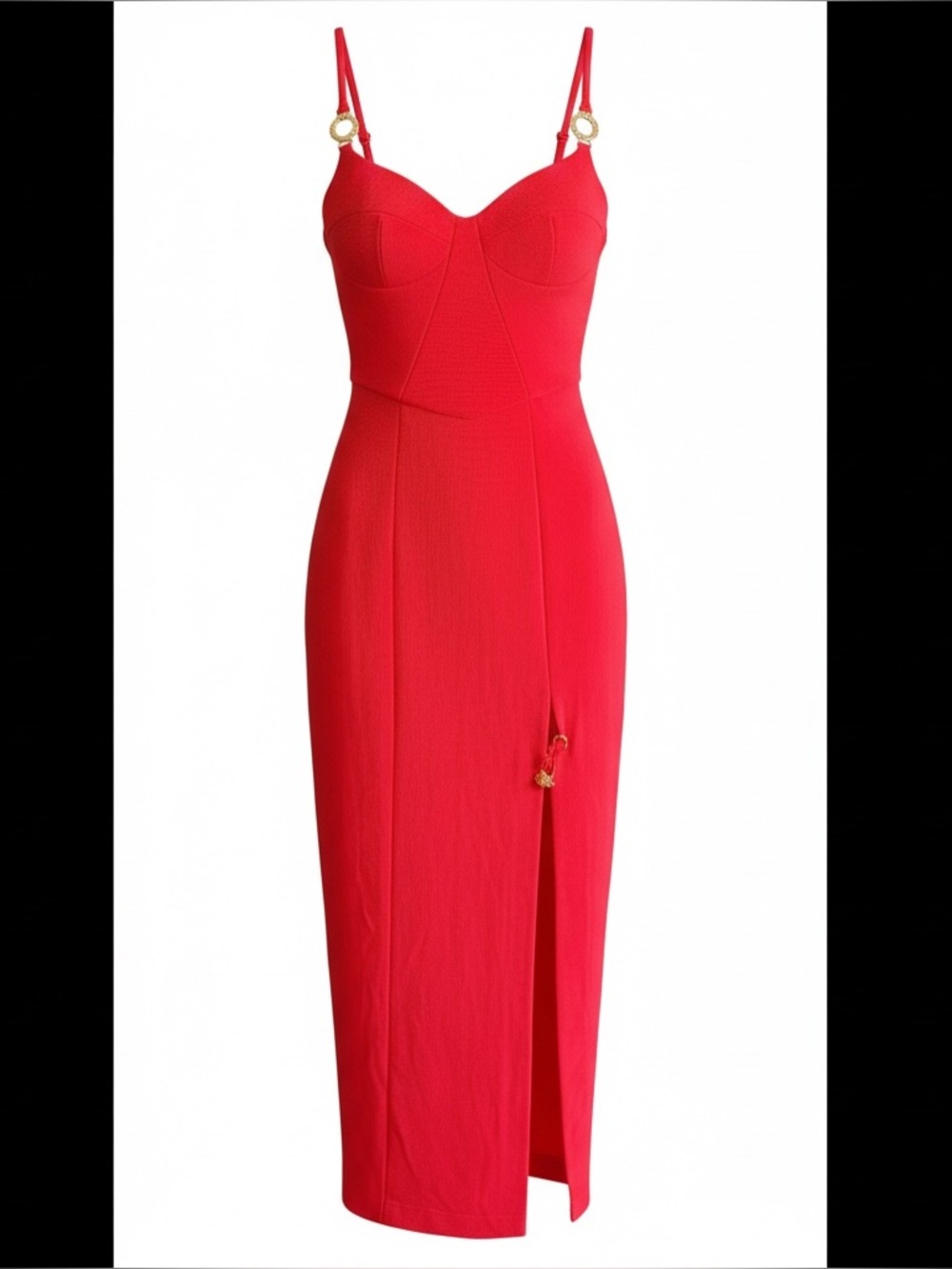 VTG 1980s‎ BERNSHAW Bombshell Red Fitted Corset Style Maxi Dress Gold Detail 8